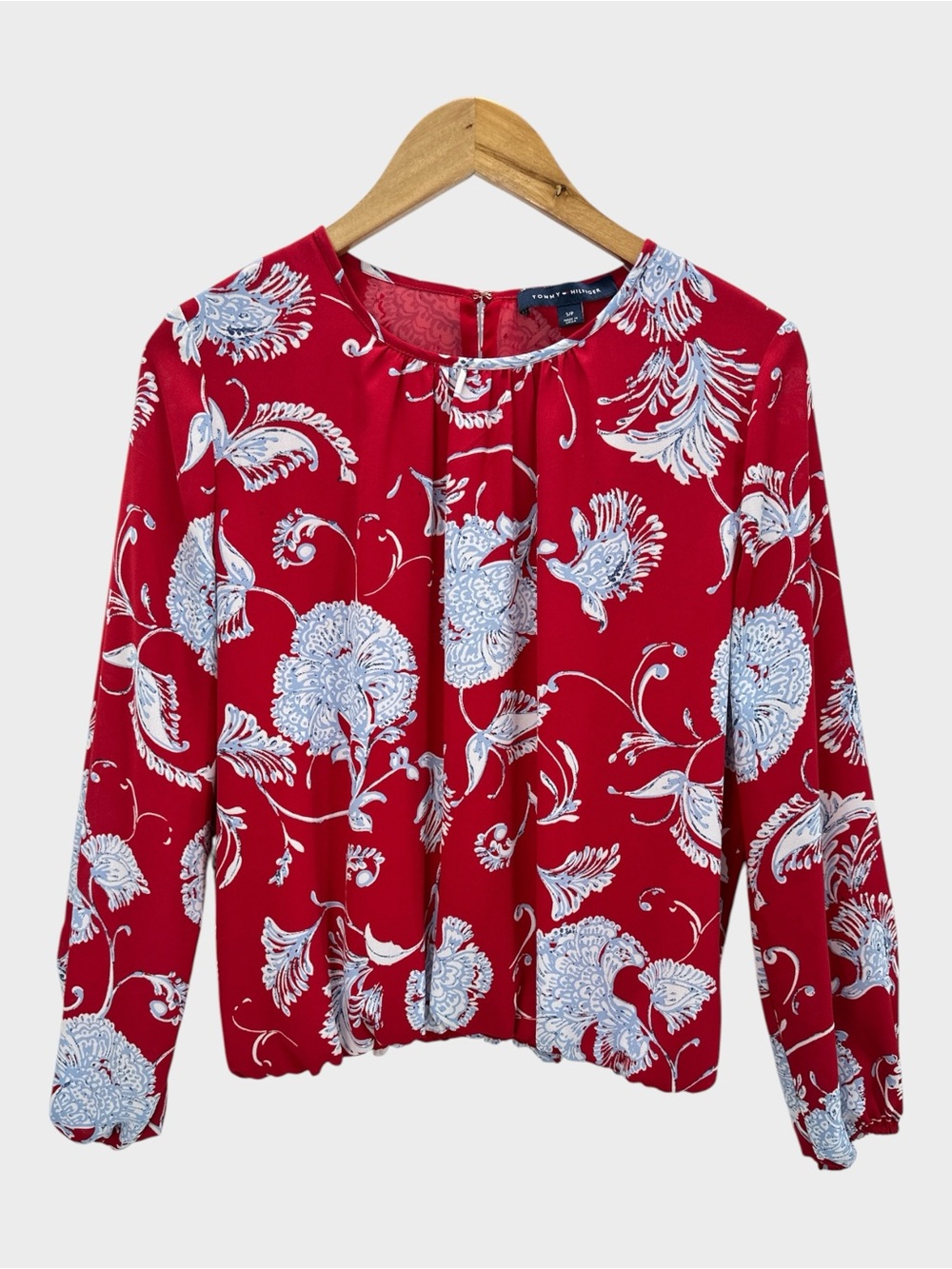 Tommy Hilfiger Floral Scroll Blouse Red Blue Long Sleeve Patriotic Americana S
